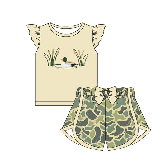 Preorder (moq 5)Baby Girls Hunting Ducks Summer Shirt Bow Camo Shorts Clothes Sets