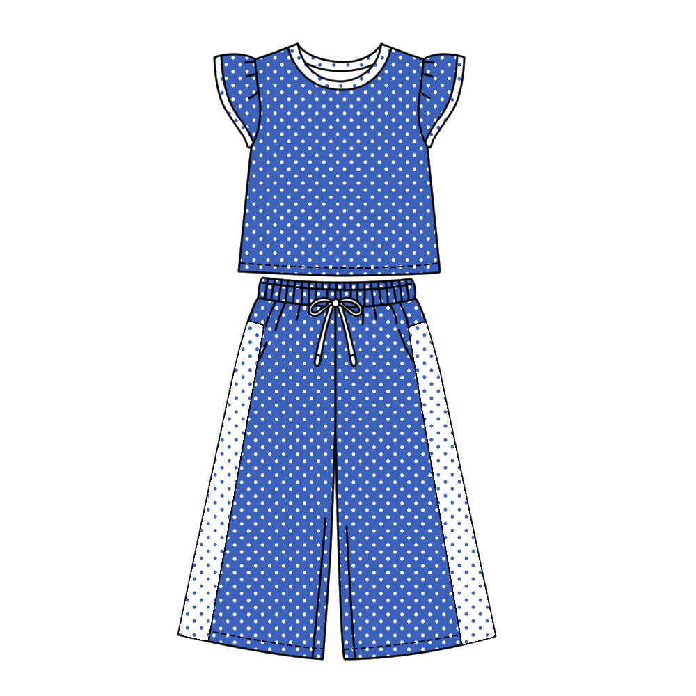 Preorder (moq 5)Baby Girls Blue Flutter Sleeve Polka Dots Top Flare Pant Clothes Set