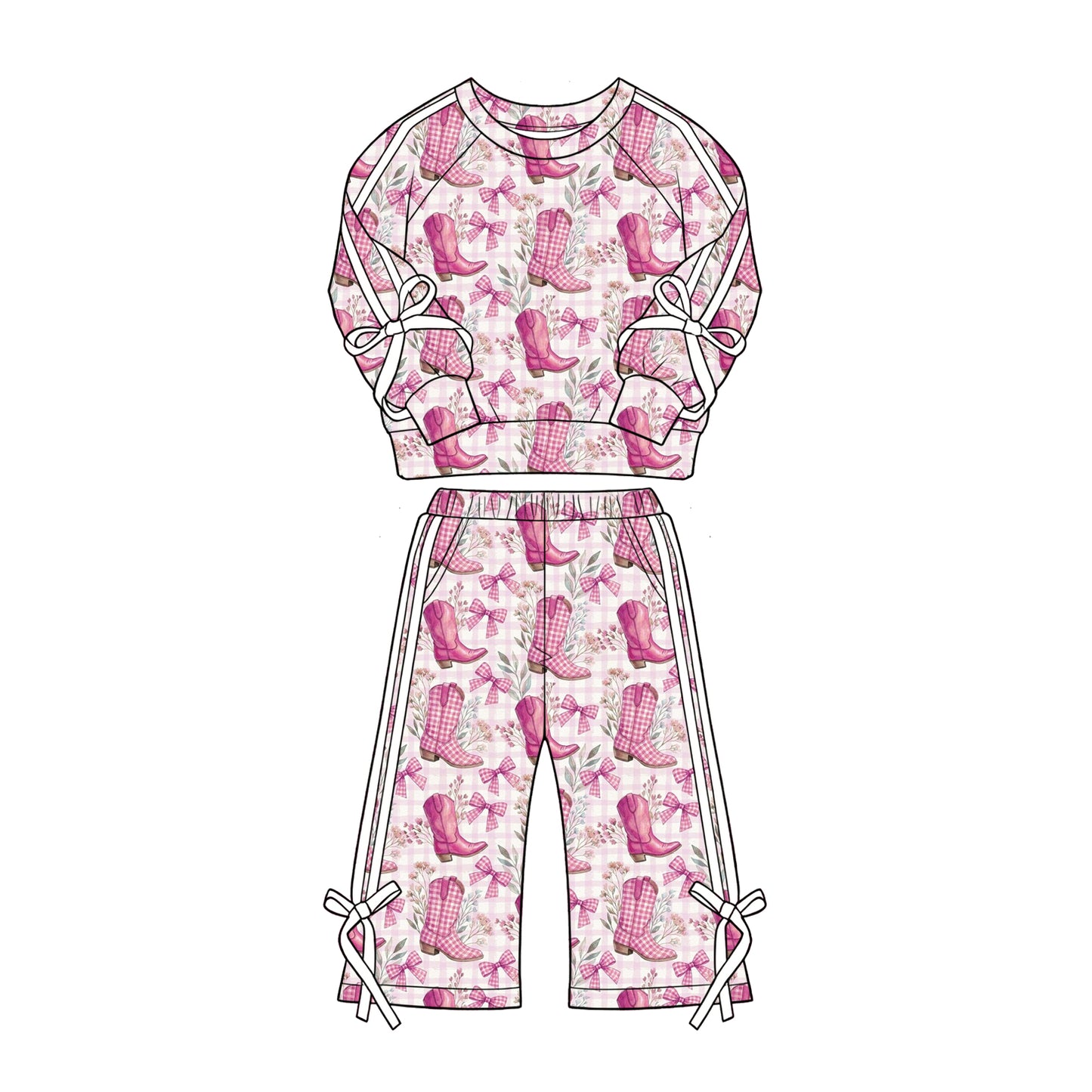 Pre-order(moq5) Girls Clothes High-Quality Cute Print Long Sleeve Raglan Sweatshirt Wide Leg Pants Bow Side Stripe Outfit