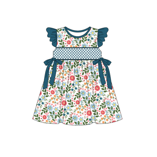 Preorder (moq 5)Baby Girls Navy Flutter Sleeves Bows Floral Knee Length Dresses