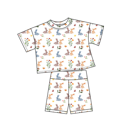 Preorder (moq 5)Baby Girls Colorful Rabbits Flowers Top Shorts Easter Clothes Sets