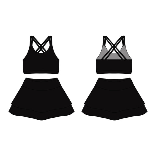 Preorder moq 10 Baby Girls Black Strap Activity Wear Vests Top Short Skirts Yoga Set
