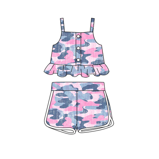 Preorder (moq 5)Baby Girls Pink Camouflage Straps Tops Shorts Clothes Sets