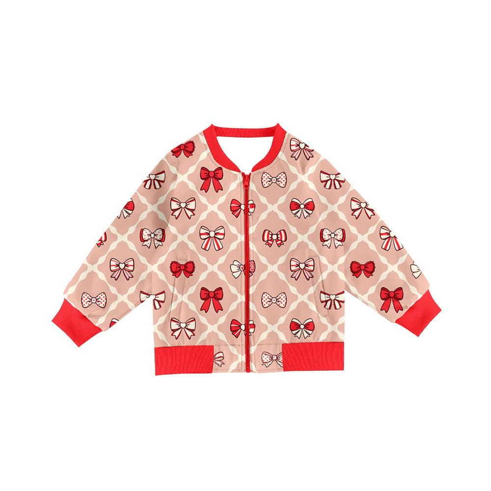 Preorder(moq 8)Baby Girls Long Sleeve Bows Checked Pockets Zip Jackets Top