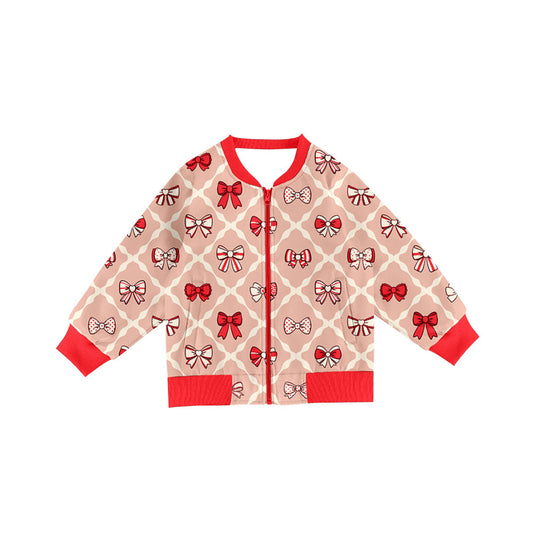 Preorder(moq 8)Baby Girls Long Sleeve Bows Checked Pockets Zip Jackets Top