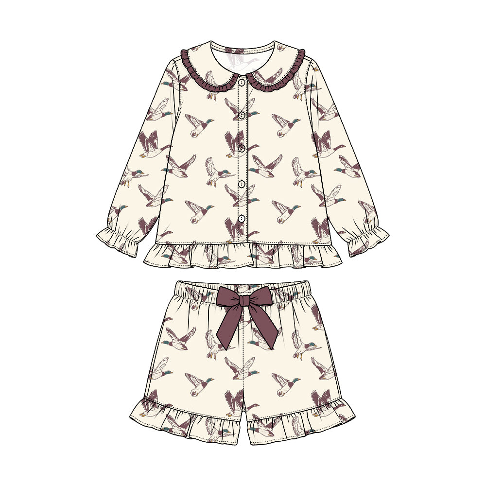 Preorder (moq 5) Baby Girl Clothes Vintage Mallard Duck Allover Print Long Sleeve Button Shorts Pajama Set