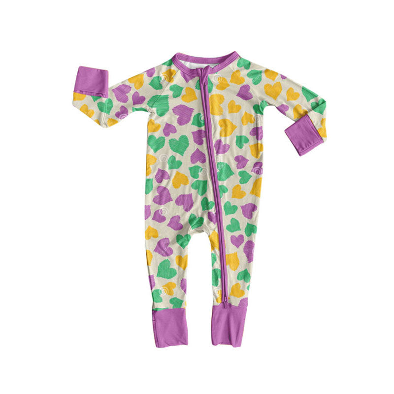 Preorder (moq 8)Baby Girls Mardigras Hearts Zipper Footie Rompers