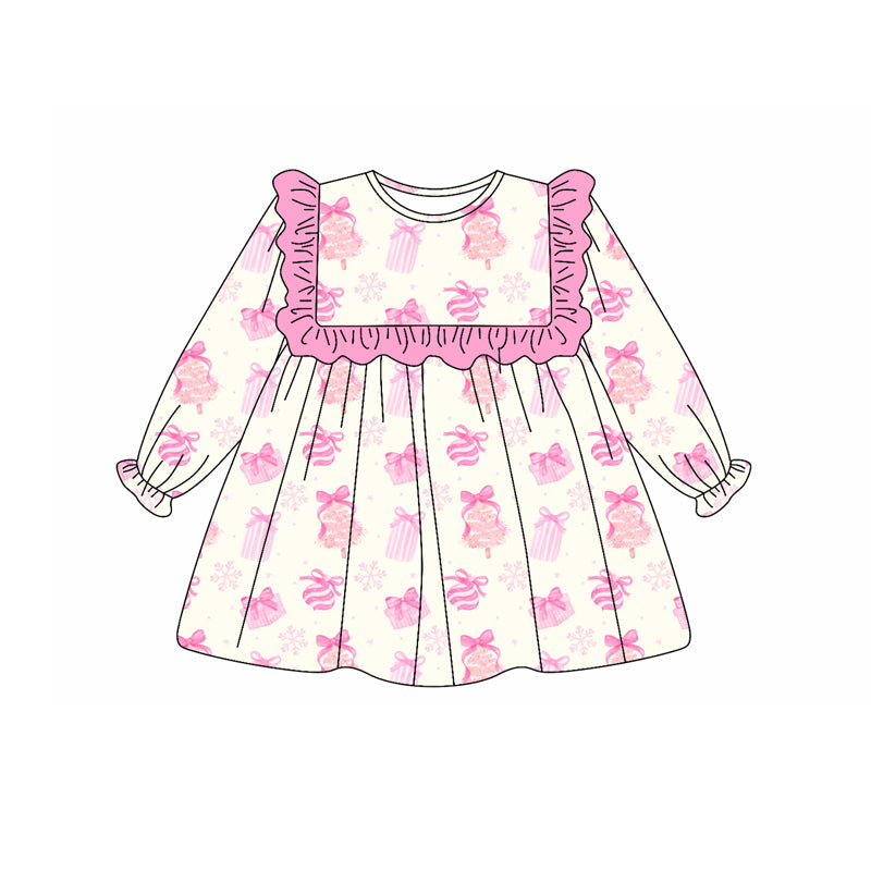 Preorder (moq 5)Baby Girls Long Ruffle Sleeves Pink Bows Gifts Knee Length Dresses