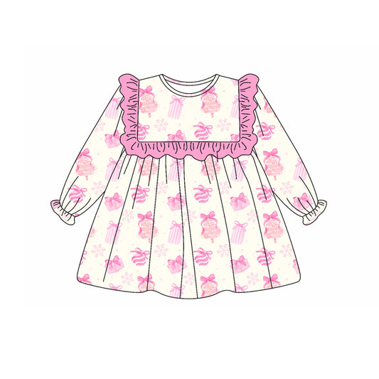Preorder (moq 5)Baby Girls Long Ruffle Sleeves Pink Bows Gifts Knee Length Dresses