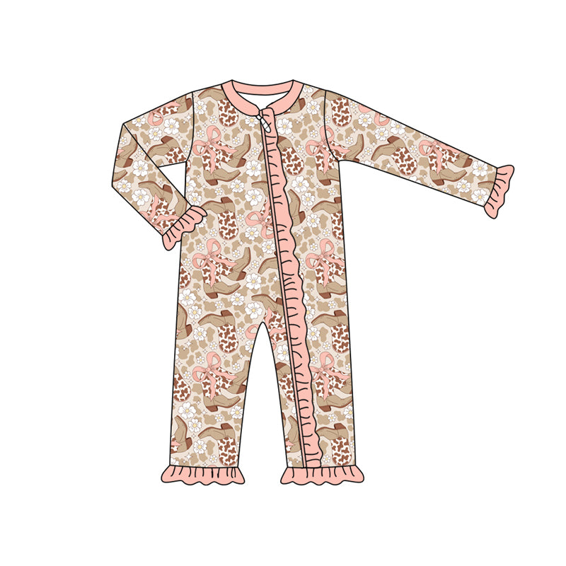 Preorder (moq 5)Baby Girls Long Sleeves Bows Leopard Boots Flowers Ruffle Zipper Romper