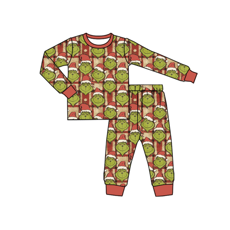 Preorder(moq 5) Baby Boys Long Sleeves Green Faces Plaid Top Pants Pajamas Set