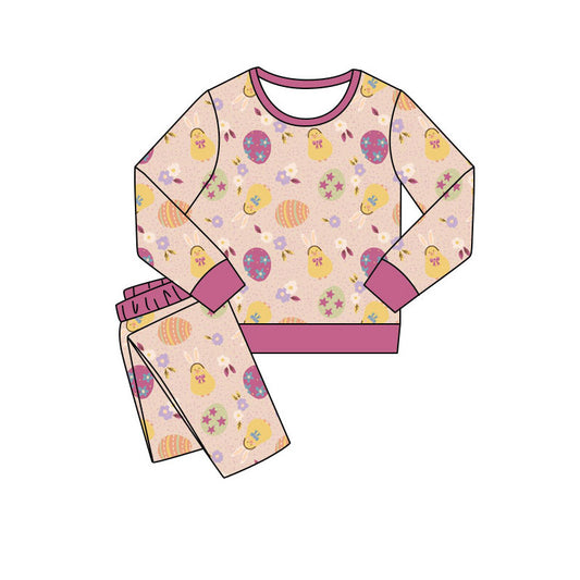 Preorder(moq 5) Baby Girls Long Sleeve Rabbit Chicks Flowers Top Pants Easter Pajamas Sets