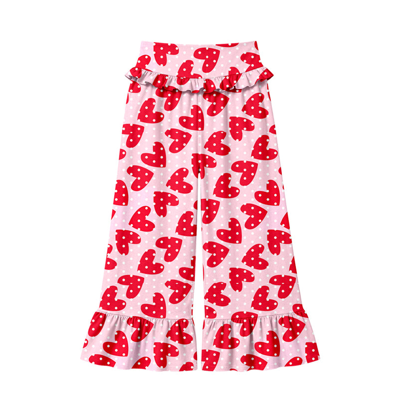 Preorder (moq 5) Women Clothes Pink Base Red Heart Polka Dot Print High Waist Ruffle Hem Wide Leg Pants