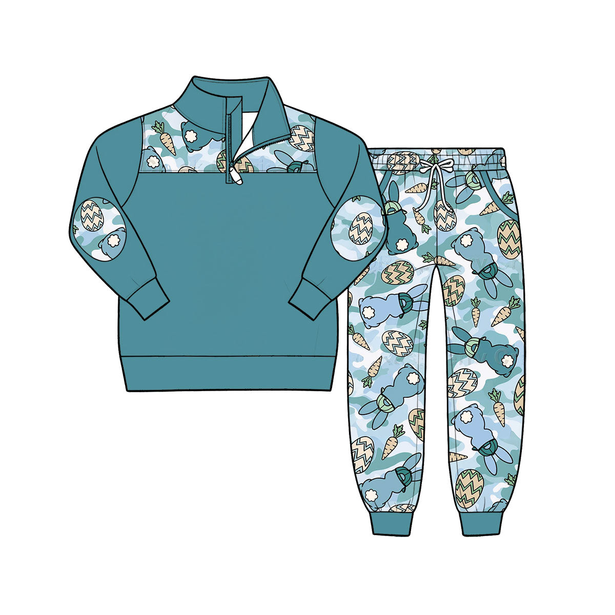 Pre-order(moq5) Boys Easter Casual 2Pcs Outfit Quarter Zip Sweatshirt Jogger Pants Set Camo Bunny Patchwork Print