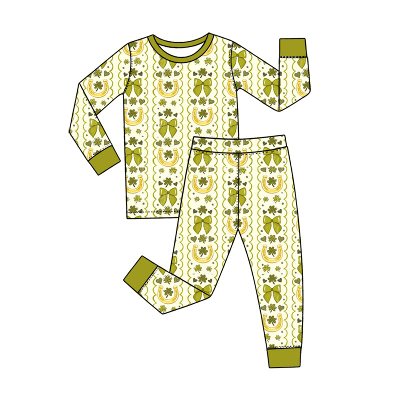 Preorder (moq 5) Baby Girl Clothes St Patrick's Day Horseshoe Clover Bow Striped Print Long Sleeve Pajama Set