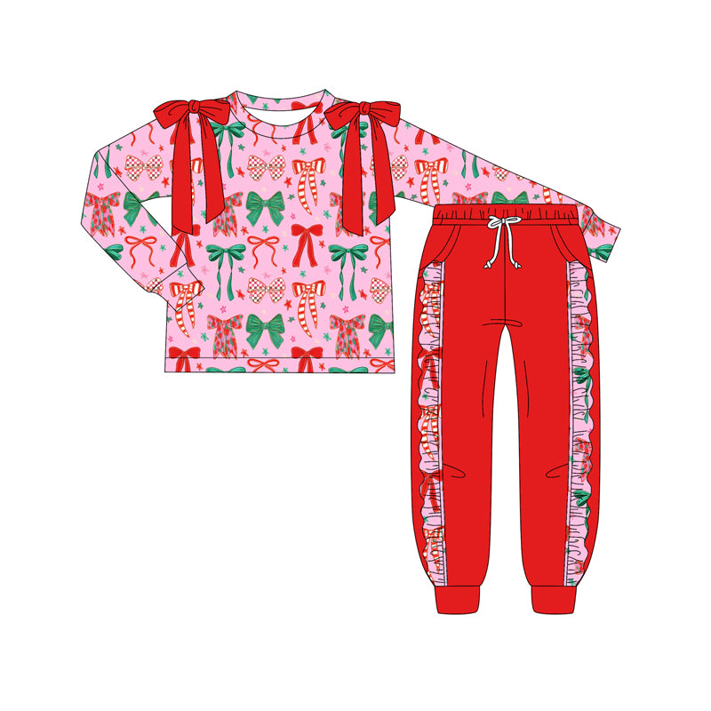 Preorder (moq 5)Baby Girls Long Sleeves Green Red Bows Plaid Top Legging Pants Set