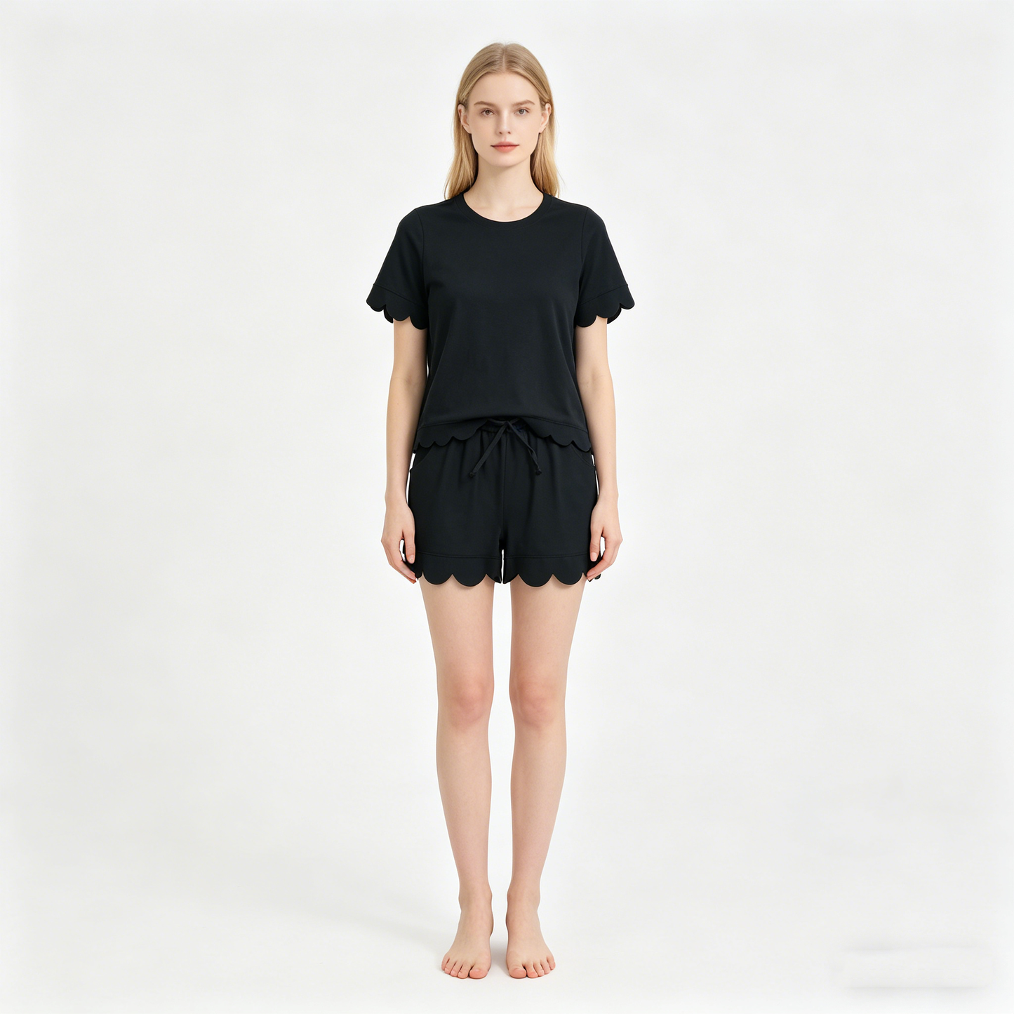 Adult Women Black Shorts Sleeve Top Pockets Short Cotton Scallop Clothes Sets