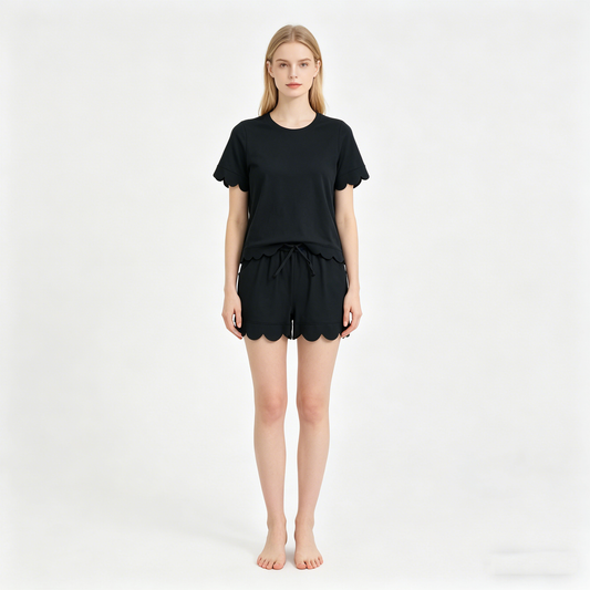 Adult Women Black Shorts Sleeve Top Pockets Short Cotton Scallop Clothes Sets