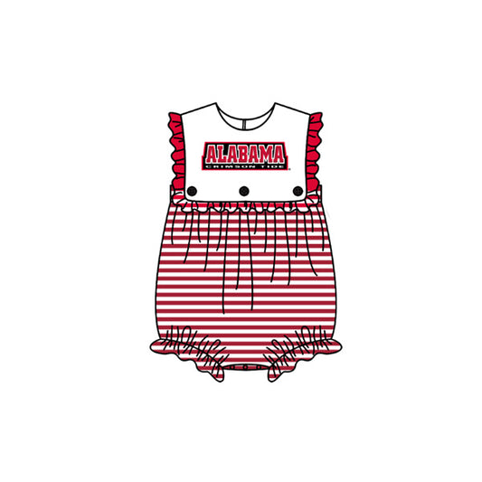 Preorder (moq 5)Baby Girls Sleeveless Red Stripe Alabama Team Ruffle Rompers