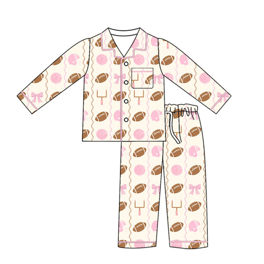 Preorder (moq 5)Baby Girls Cheer Footballs Button Pocket Top Pant Team Pajamas Sets