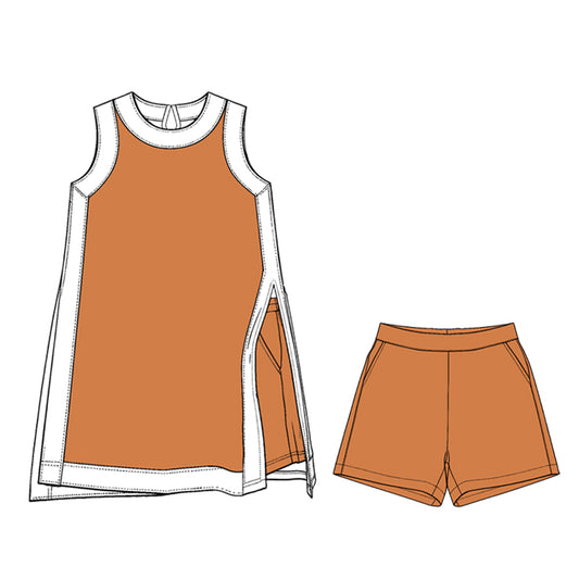 Preorder (moq 5)Adult Women White Orange Split Skirt Pockets Short Clothes Sets