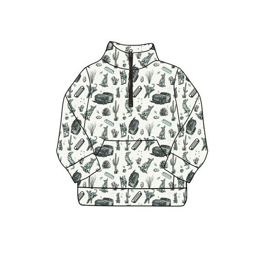 Preorder (moq 5)Baby Boys Long Sleeve Cactus Trucks Zip Pockets Western Pullovers Top