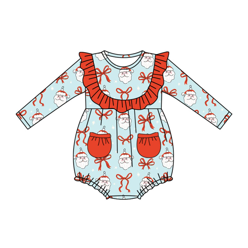 Preorder (moq 5)Baby Girls Blue Long Sleeves Bows Santa Pockets Ruffle Rompers