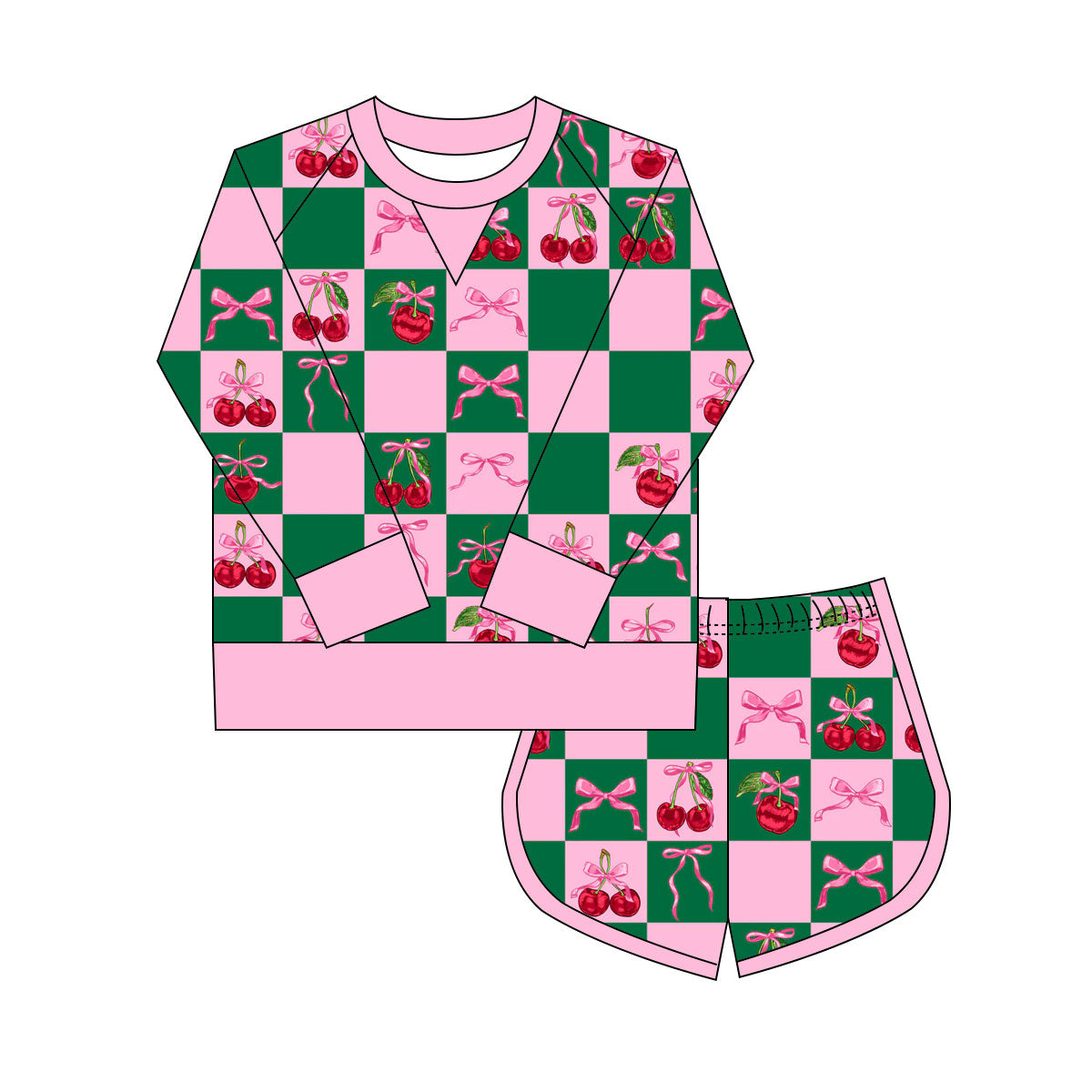 Preorder(moq 8)Baby Girls Pink Green Checked Bows Cherry Long Sleeve Top Shorts Clothes Sets