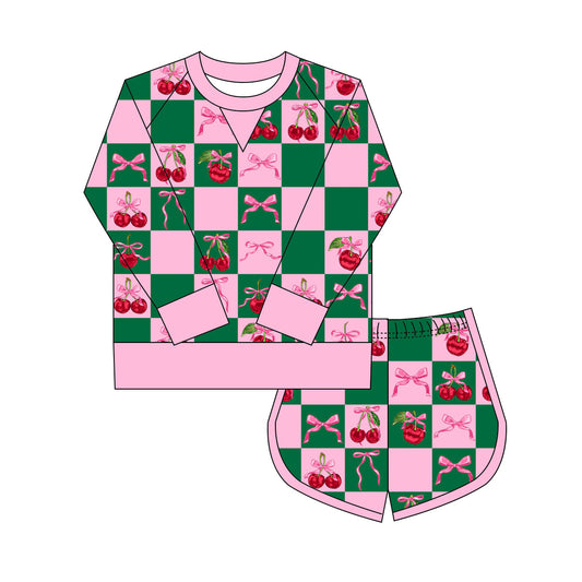 Preorder(moq 8)Baby Girls Pink Green Checked Bows Cherry Long Sleeve Top Shorts Clothes Sets