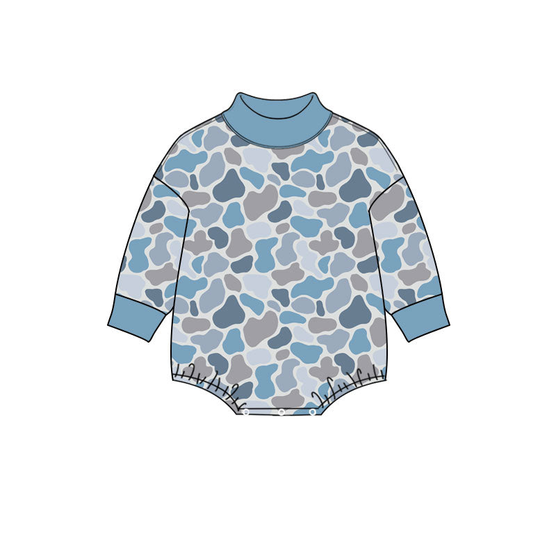 Preorder (moq 5) Baby Boy Clothes Blue Tone Camo Print Long Sleeve Turtleneck Bubble Romper