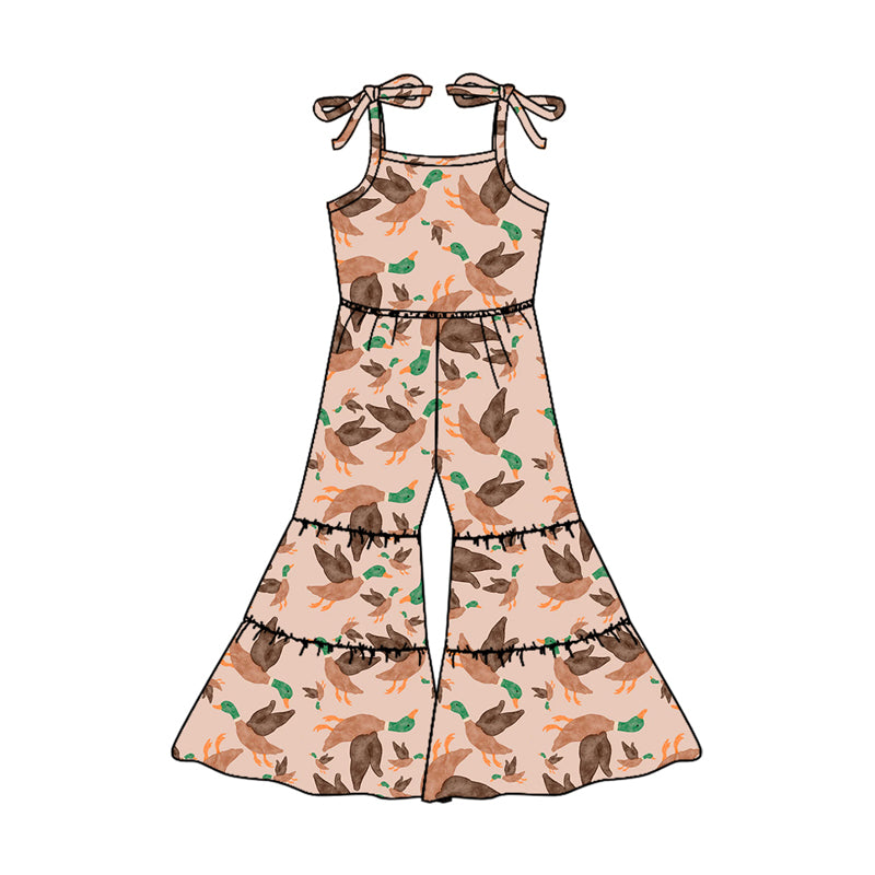 Preorder (moq 5)Baby Girls Khaki Strap Ducks Patchwork Bell Bottom Jumpsuits Preorder