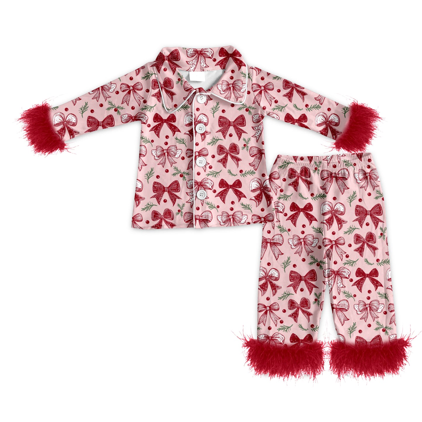 Preorder (moq 5)Baby Girls Long Sleeves With Fur Red Bows Plaid Button Top Pant Pajamas Set