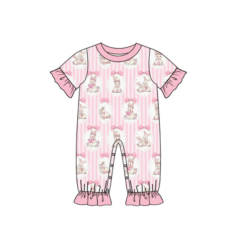 Preorder (moq 5) Baby Girl Clothes Easter Bunny Bow Pink Stripe Print Short Sleeve Ruffle Baby Romper Jumpsuit