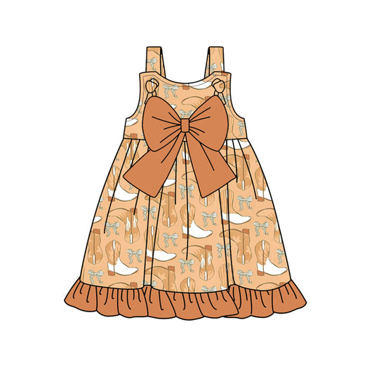 Preorder (moq 5)Baby Girls Khaki Strap Boots Bows Top Knee Length Dresses