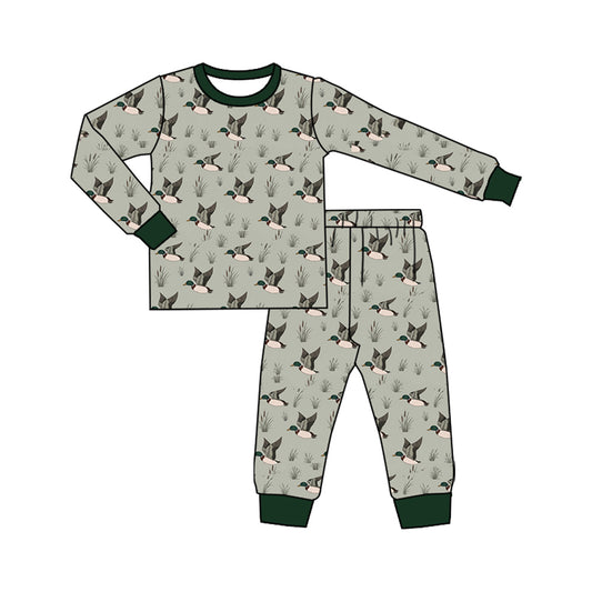Preorder (moq5) Baby Boys Green Ducks Plaid Top Pant Hunting Pajamas Set