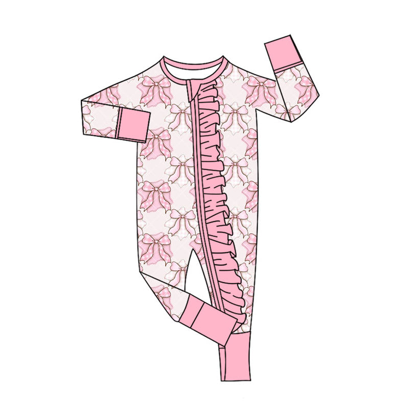 Preorder (moq 20)Baby Girls Bamboo Pink Bows Plaid Ruffle Zippy Footie Rompers