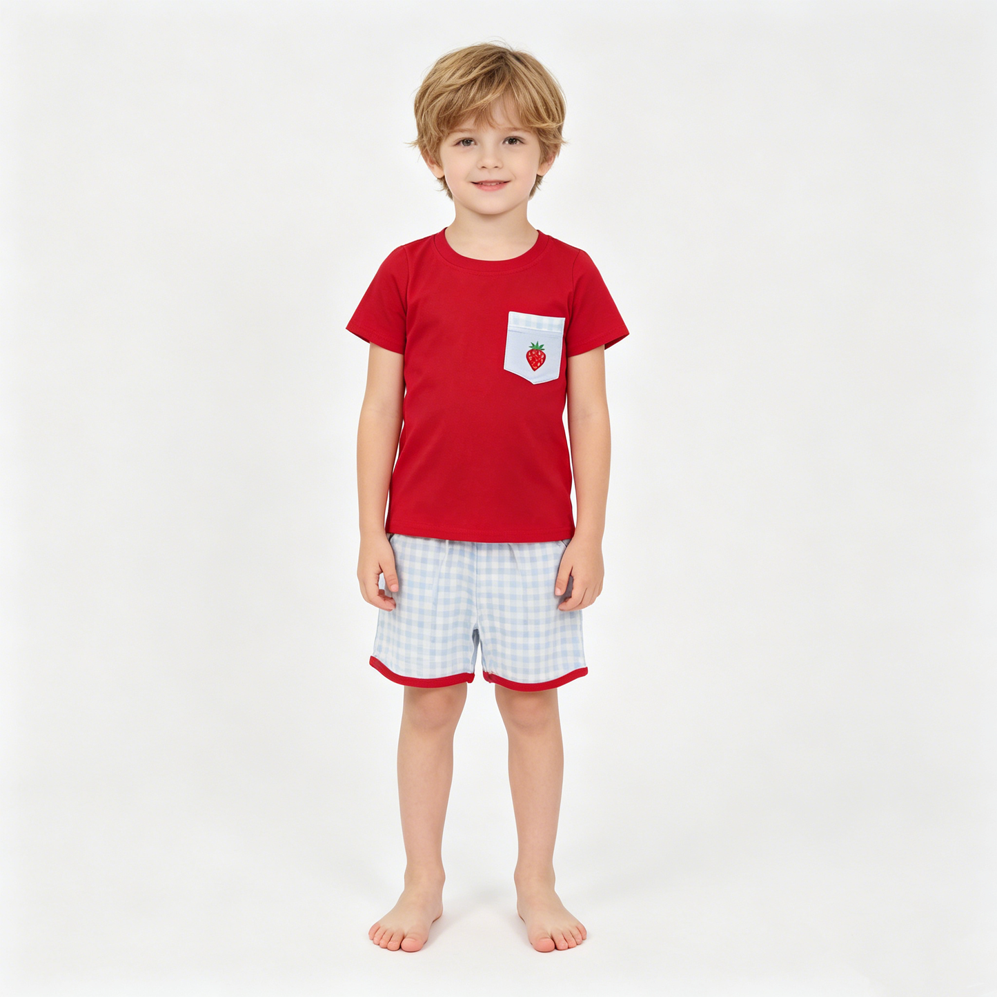 Baby Boys Strawberry Top Checked Pockets Shorts Clothes Sets