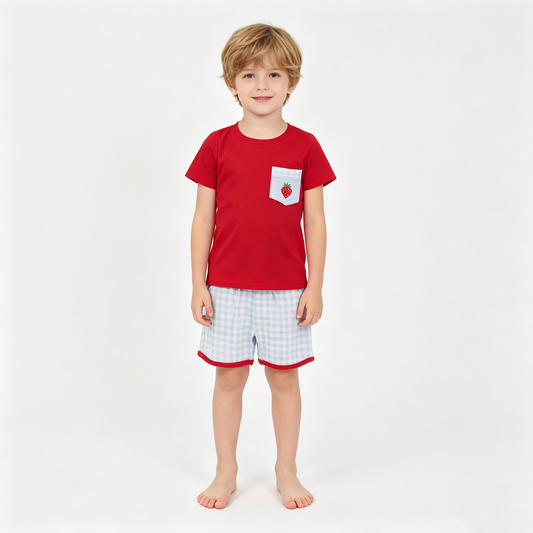 Baby Boys Strawberry Top Checked Pockets Shorts Clothes Sets