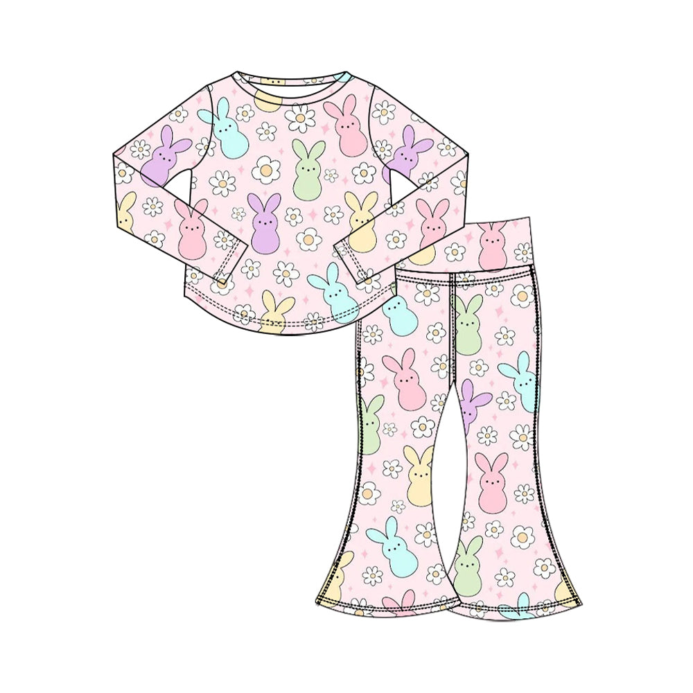 Preorder (moq 5) Baby Girl Clothes Easter Peeps Bunny Daisy Print Long Sleeve Flare Pant Set