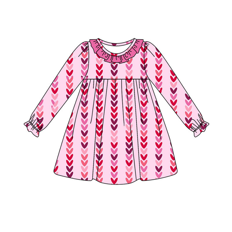 Preorder (moq 5)Baby Girls Long Ruffle Sleeve Hearts Stripe Valentine Knee Length Dresses