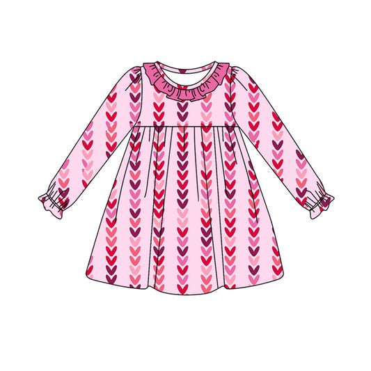 Preorder (moq 5)Baby Girls Long Ruffle Sleeve Hearts Stripe Valentine Knee Length Dresses