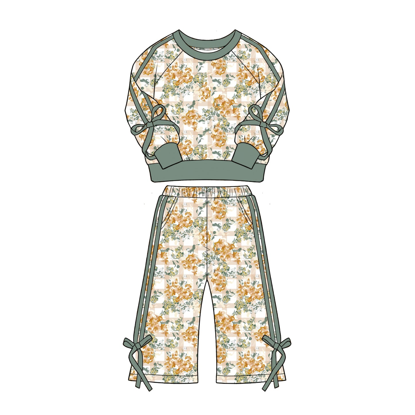 Preorder (moq 5)Baby Girls Colorful Flowers Checked Top Flare Pockets Pant Clothes Sets