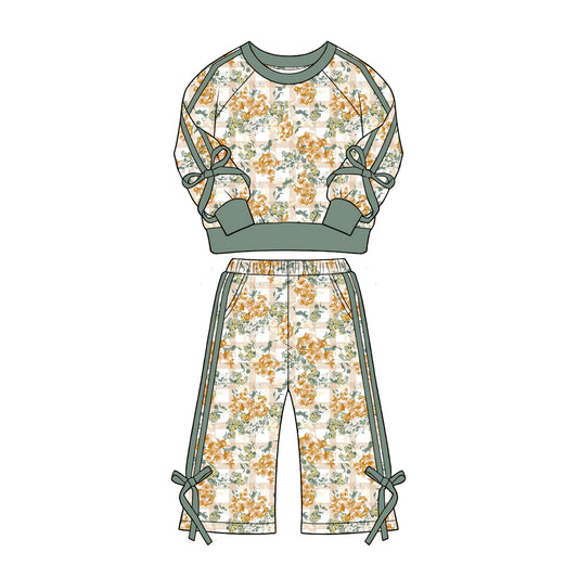 Preorder (moq 5)Baby Girls Colorful Flowers Checked Top Flare Pockets Pant Clothes Sets