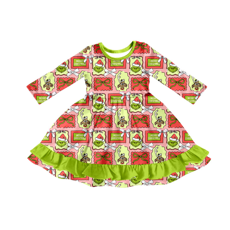 Preorder (moq 5)Baby Girls Christmas Green Face Bows Plaid Ruffle Knee Length Dresses
