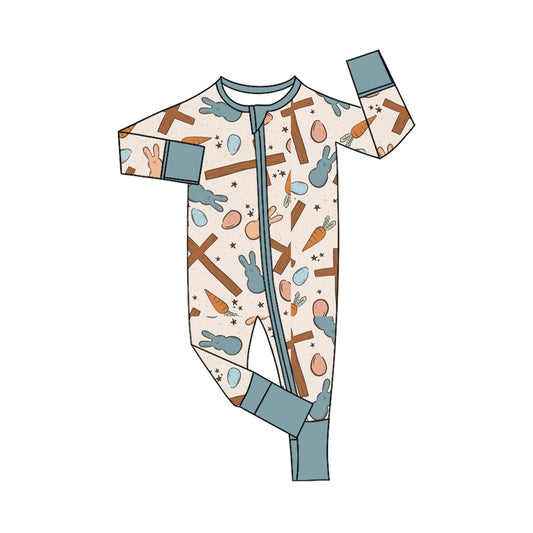 Preorder (moq 5) Baby Boy Clothes Easter Cross Bunny Carrot Egg Print Long Sleeve Zipper Romper