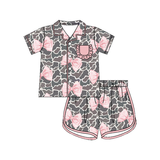 Preorder (moq 5)Baby Girls Southern Grey Camo Bows Pocket Button Top Short Pajamas Sets
