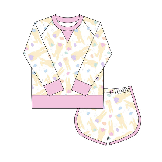 Preorder(moq 8)Baby Girls Colorful Rabbits Eggs Long Sleeve Top Shorts Easter Clothes Set