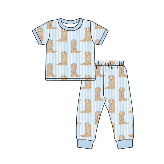 Preorder(moq 8)Baby Boys Blue Stripe Boots Top Pants Pajamas Sets