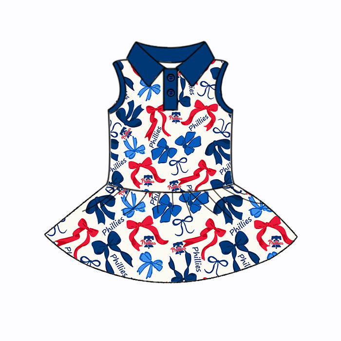 Preorder (moq 5)Baby Girls Sleeveless Blue Red Bows Plaid Phillies Button Team Knee Length Dresses