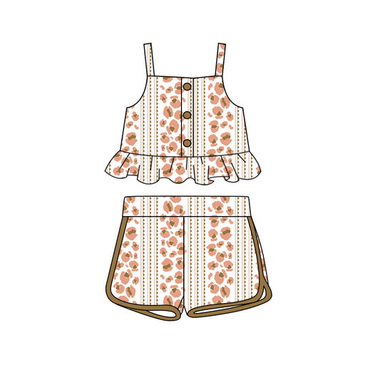 Preorder (moq 5)Baby Girls Western Leopard Straps Top Shorts Clothes Sets